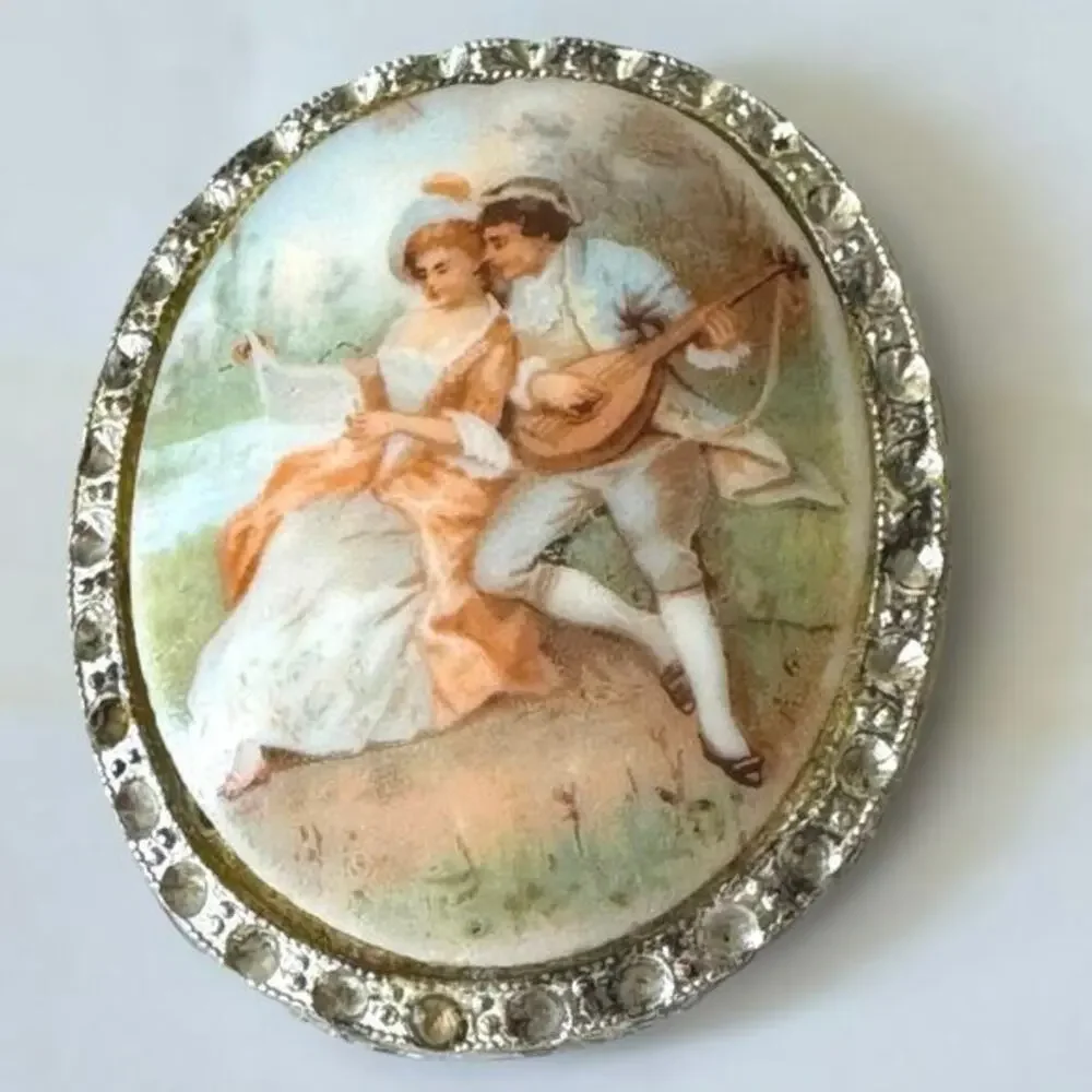 Victorian Lovers Nickel Silver Fragonard Milk Glass Cameo Clip Brooch Vintage